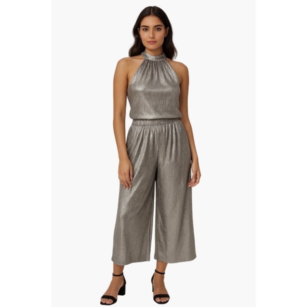 Kensie Silver Metallic Pleated Wide Leg Cropped Pants L Party NYE cocktail 69-22